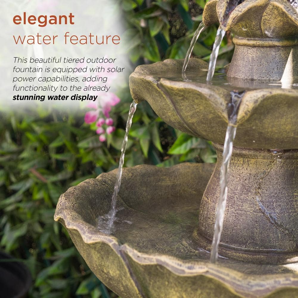 34" Tan Polyresin Solar Flower Style Tiered Fountain