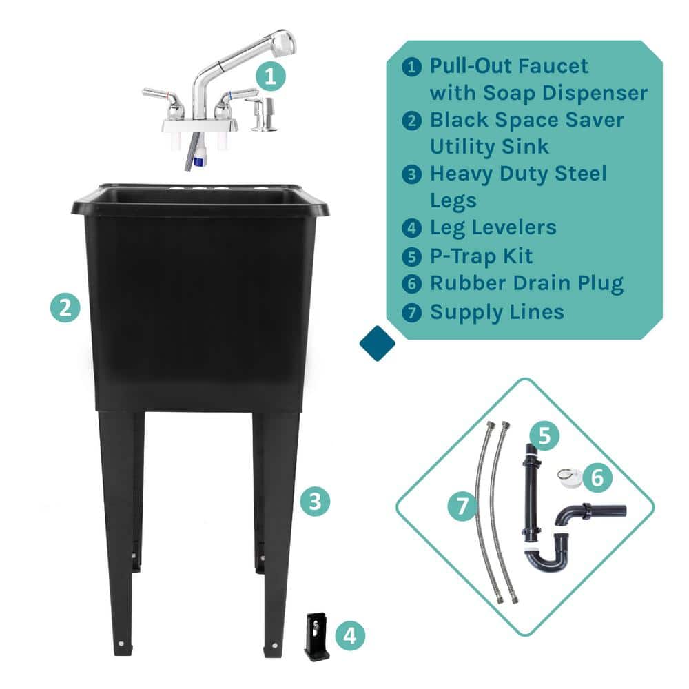 Black Freestanding Utility Sink with Chrome Faucet and Metal Legs