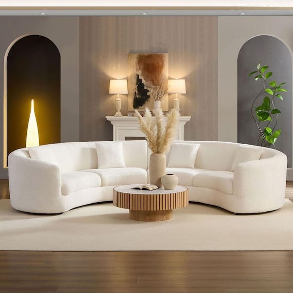 Afton 140.94 in. Classic Curved Upholstered Round Arm 4-Seater Sofa Sectional with Pillows, Comfy Couch, White