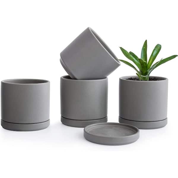ITOPFOX Modern 4.6 in. L x 4.6 in. W x 4.5 in. H Gray Ceramic Round Indoor Planter (4-Pack)