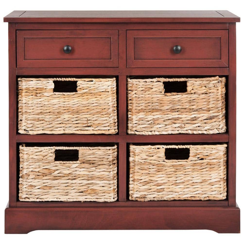 Transitional Red Pine 30'' Storage Unit with Wicker Baskets