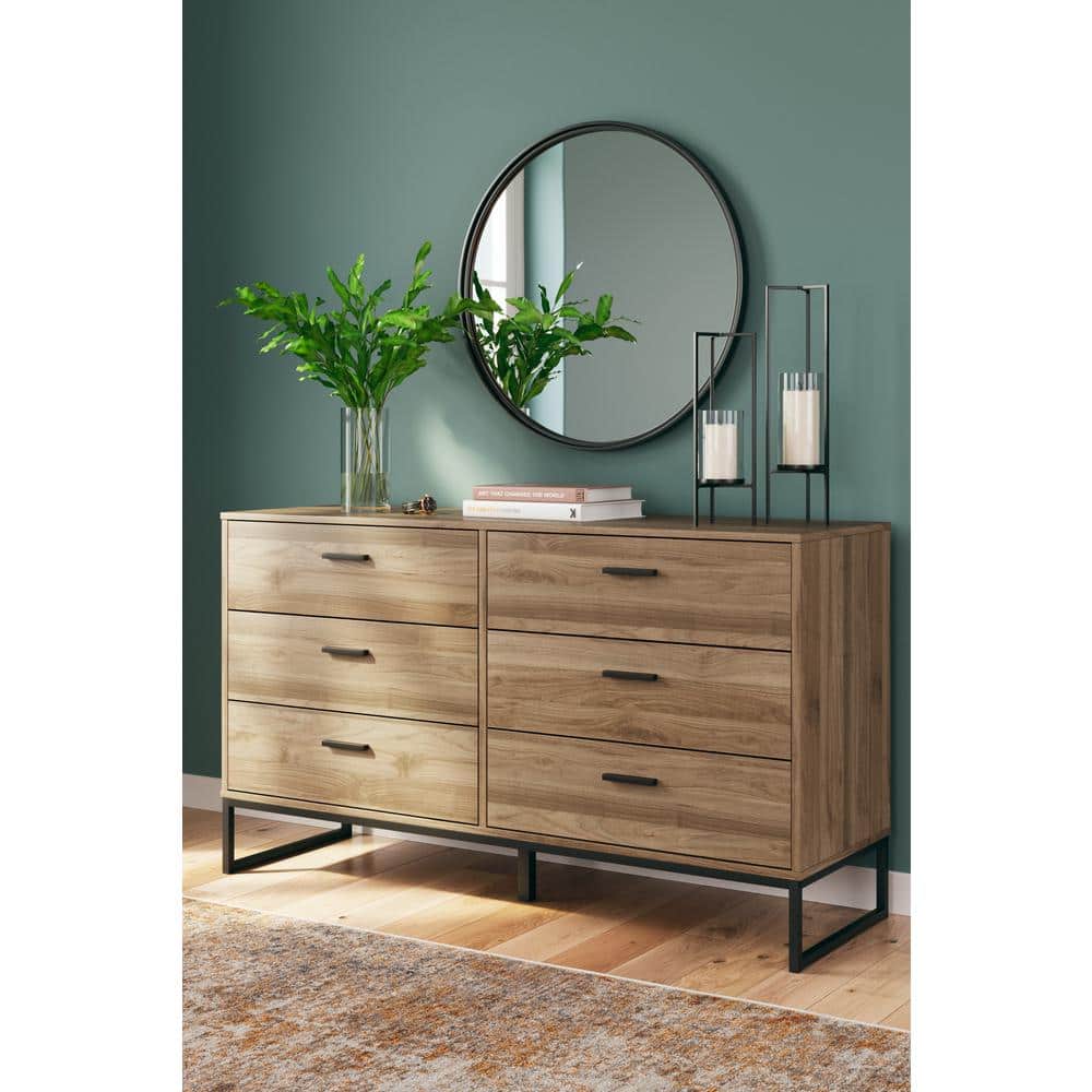 Honey Brown Mid-Century Modern 6-Drawer Dresser with Metal Legs
