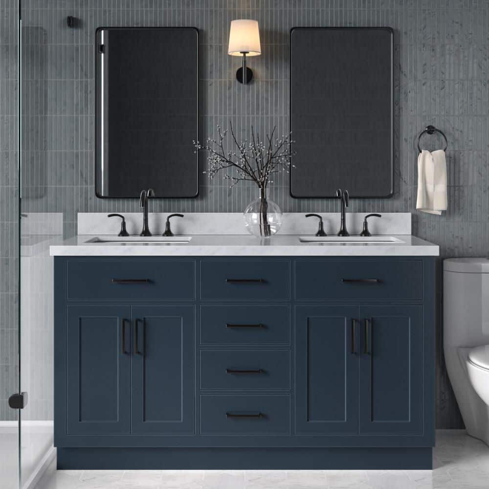 Hepburn 60 in. Double Sink Freestanding Bath Vanity in Midnight Blue with Carrara White Marble Top & Sidesplash price history on PriceWatchPro