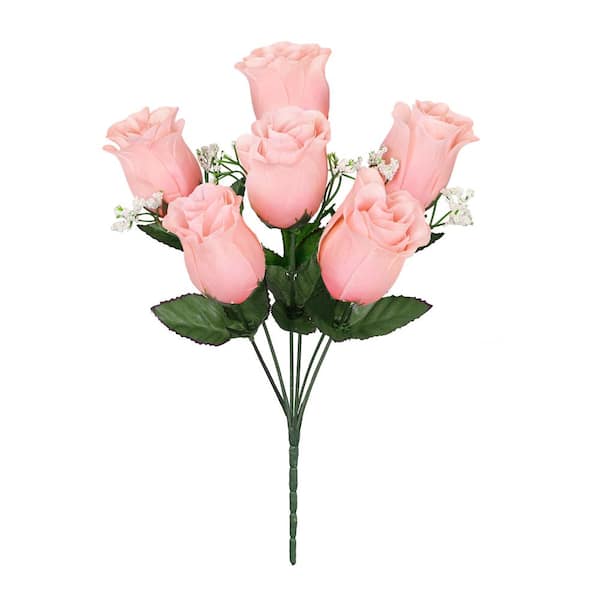 LIVING LUXURY 14 in. Pink Peach Artificial Rose Bud Flower Stem Bush Bouquet (Set of 12)