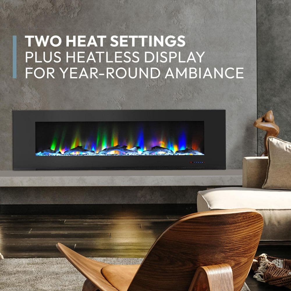 72-Inch Black Wall Mount Electric Fireplace with Multicolor LED Flames