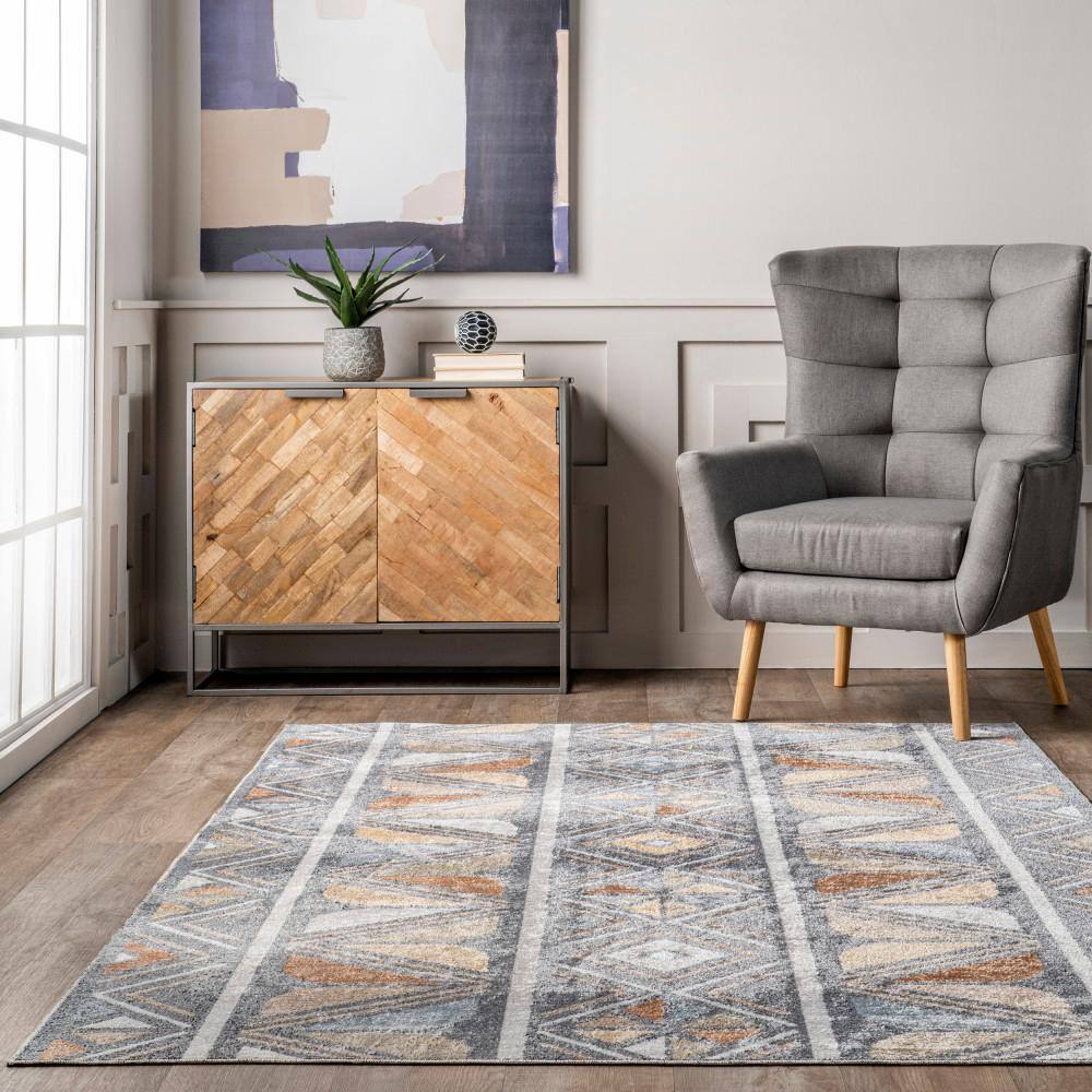 Dolina Blue Geometric Pattern Washable Synthetic Area Rug