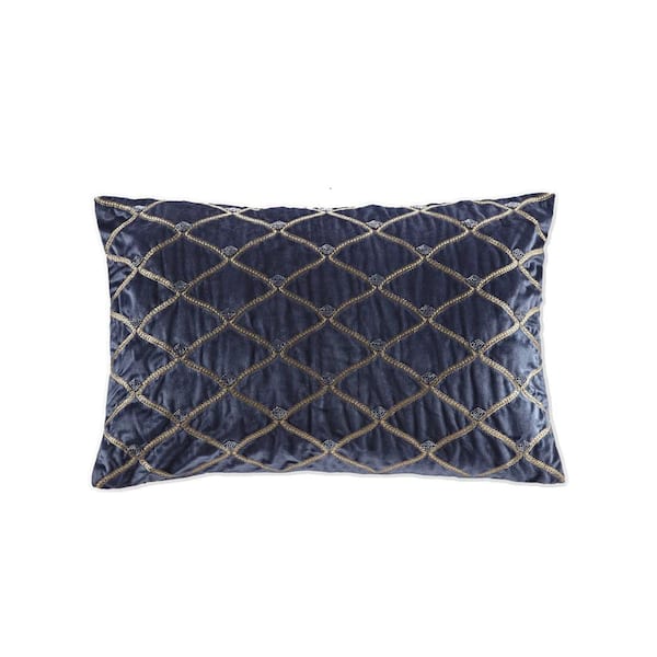Afoxsos Navy Blue 15 in. x 22 in. Oblong Decor Throw Pillow with Hand-Beaded Foxtail Stitching and White Goose Feather Insert