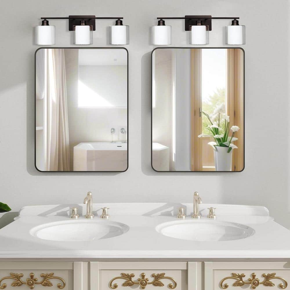 24.75" Oil-Rubbed Bronze Vanity Light with White Glass Shades