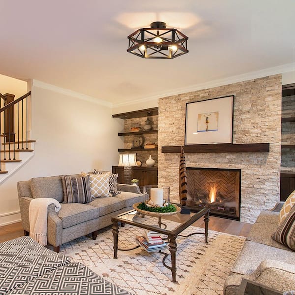 Farmhouse 18.31 in. 3-Light Black and Brown Hexagon Cage Industrial Semi-Flush Mount Ceiling Light