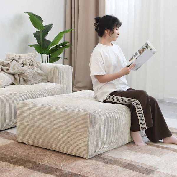 Magic Home 39 in. Square Arm Large Corduroy Polyester Square Accent Modern Sectional Sofa Ottoman in Beige