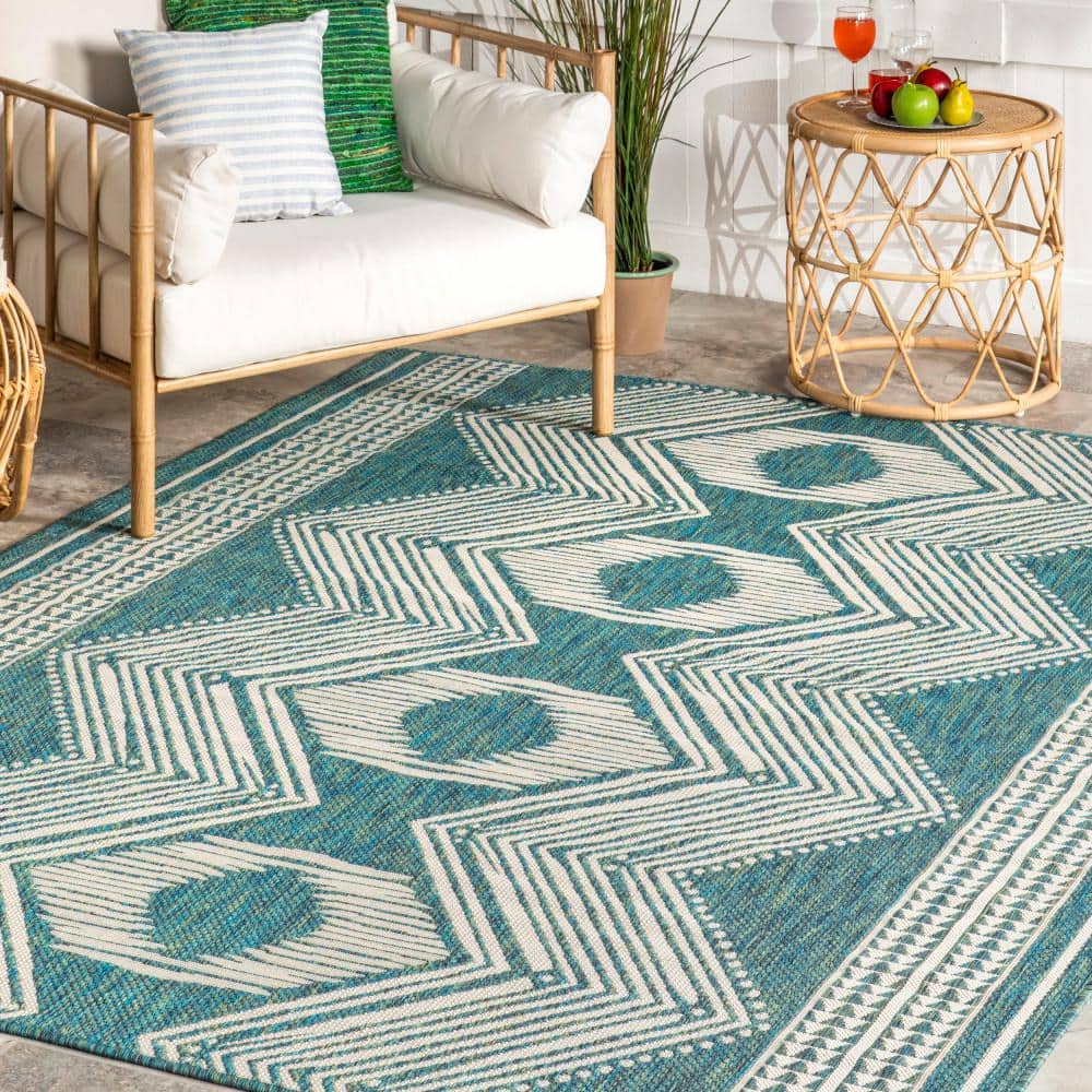 Geometric Light Brown and Green Synthetic Indoor/Outdoor Rug