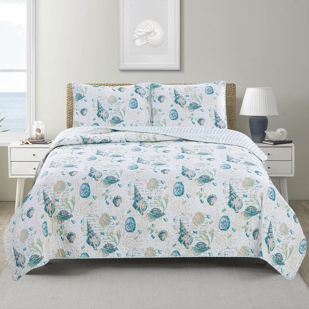 Full Blue Coastal Microfiber Reversible Quilt Set