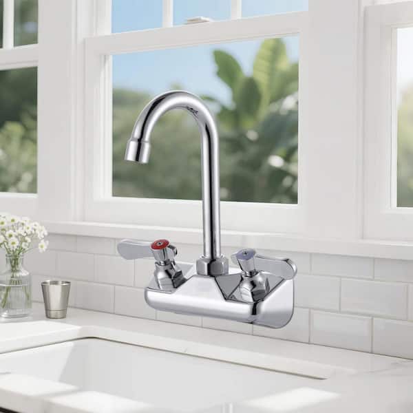 4 in. Center 2 Hole Wall Mounted High Arc Double Handle Brass Kitchen Bar Faucet in Polished Chrome