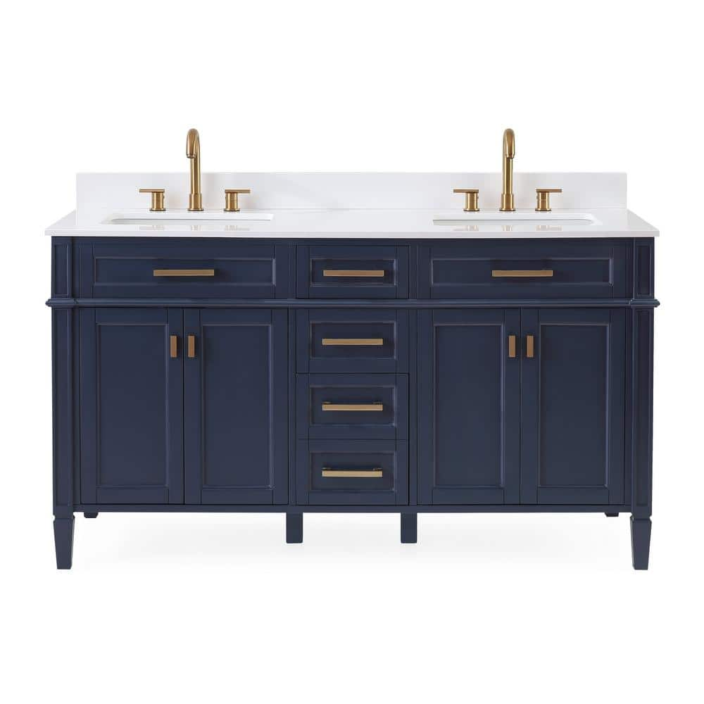 Durand 60 in. W x 22 in D. x 35 in. H Double sink Bath Vanity in Navy blue with ceramic sink and White quartz Top -  Benton Collection, 1808-D60NB-QT