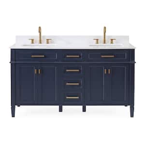 Durand 60 in. W x 22 in D. x 35 in. H Double sink Bath Vanity in Navy blue with ceramic sink and White quartz Top