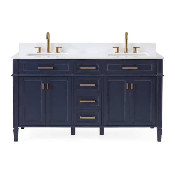 Benton Collection Durand 60 in. W x 22 in D. x 35 in. H Double sink Bath Vanity in Navy blue with ceramic sink and White quartz Top