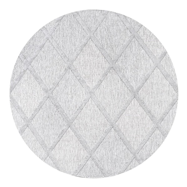 Salines Light Gray 5 ft. Round Diamond Trellis Indoor/Outdoor Area Rug