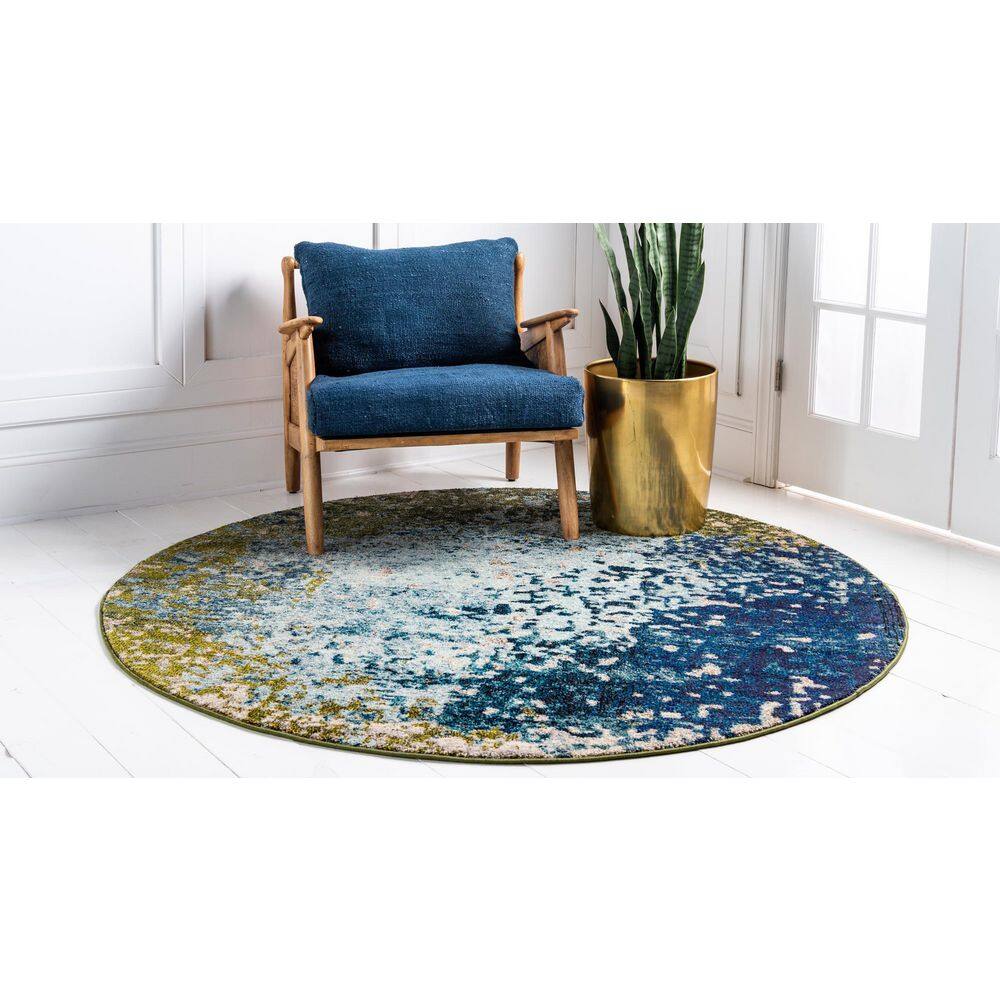 Round Blue Synthetic Easy Care Stain-Resistant Rug 6' x 6'