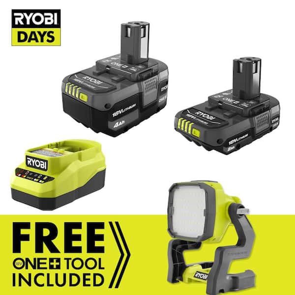 ONE+ 18V Lithium-Ion 4.0 Ah Battery, 2.0 Ah Battery and Charger Kit with FREE ONE+ Cordless Hybrid LED Work Light