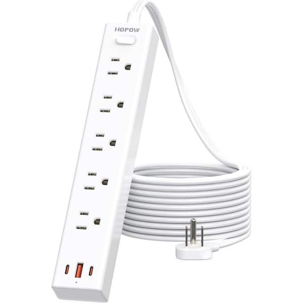 Lukyamzn 10' Ultra Thin Flat Plug Power Strip Extension Cord, Surge Protector with 5 Outlet, 3-USB Port (2-USB C), 1250W, White