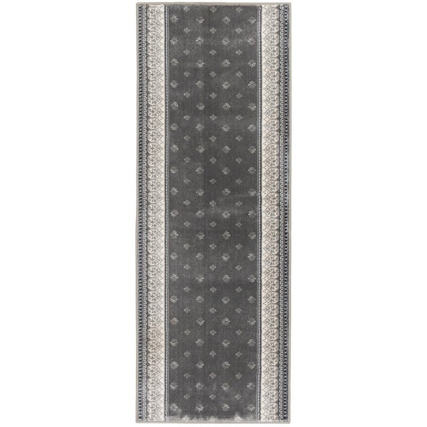 Kurdamir Fleur de Lis Dove/Oyster 26 in. x Your Choice Length Stair Runner Rug