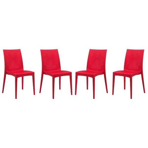 Leisuremod Red Mace Modern Stackable Plastic Weave Design Indoor Outdoor Dining Chair (Set of 4)