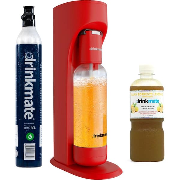 DrinkMate Royal Red Sparkling Water and Soda Maker Machine Sparkle Up Bundle with 1 60L CO2 Cartridges and 1 Lemonade Syrup