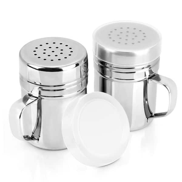 Stainless Steel Finish Pizza Seasoning Dredge Shaker with Handle and Lid, Rust Proof, 2-Pieces