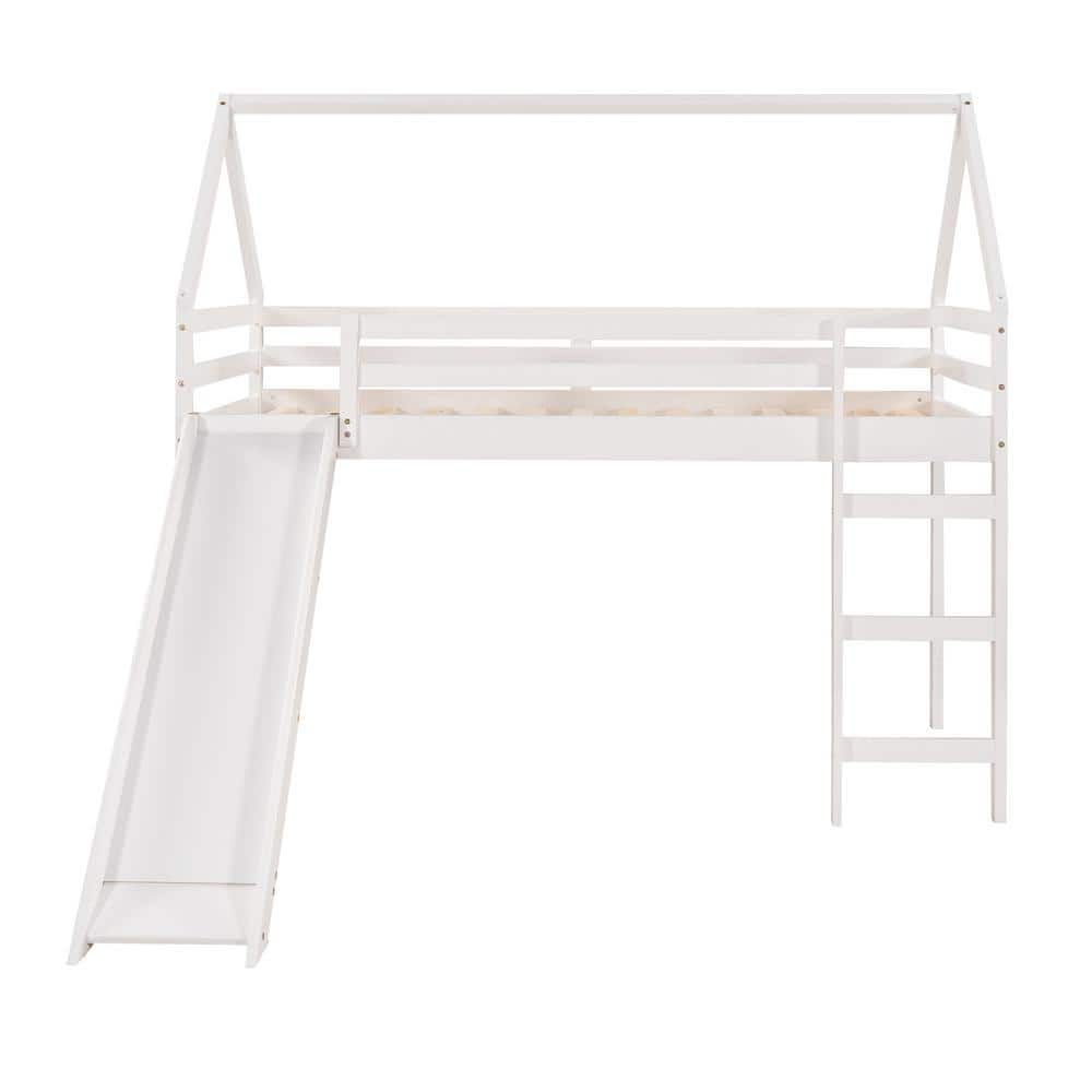 Utopia 4niture Ashley White Twin Size Loft Bed with Slide, House Bed