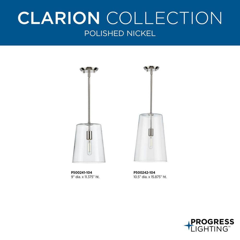 Clarion 9" Polished Nickel Pendant with Clear Glass Shade