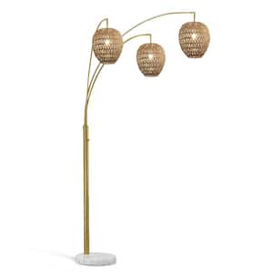 Kuta 83 in. Brushed Brass 3-Lights Arc Tree Floor Lamp with Rattan Shades