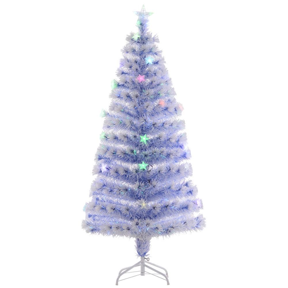 HOMCOM 5ft Tall Pre-Lit Douglas Fir Artificial Christmas Tree with Realistic Branches  Multi-Color LED Lights  Fiber Optics and 180 Tips - White/Blue