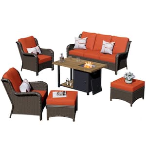 Joyo Ung Brown 6-Piece Wicker Outdoor Patio Fire Pit Table Conversation Seating Set with Orange Red Cushions