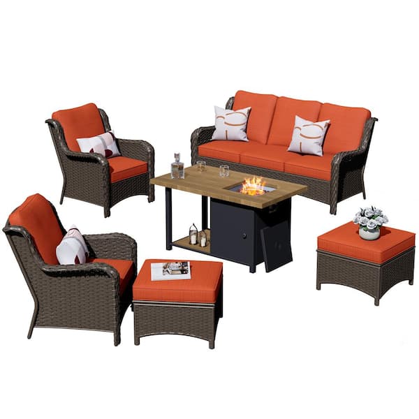 Joyo Ung Brown 6-Piece Wicker Outdoor Patio Fire Pit Table Conversation Seating Set with Orange Red Cushions