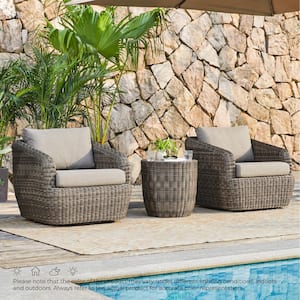 Elspeth 3 Pieces Grey Fabric Wicker Swivel Accent Chairs and Side Table Set with Removable Thickened Cushions