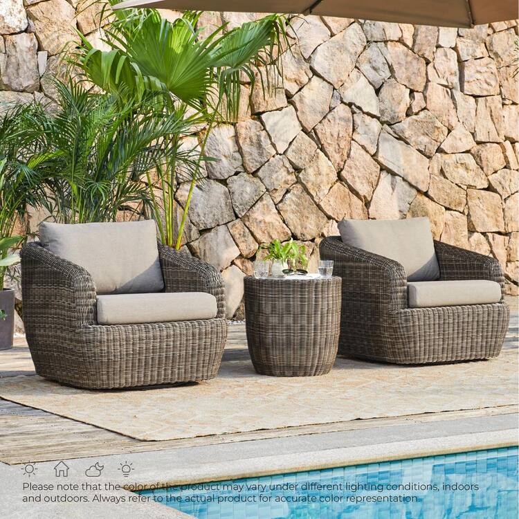 Spruce & Spring Elspeth 3 Pieces Grey Fabric Wicker Swivel Accent Chairs and Side Table Set with Removable Thickened Cushions