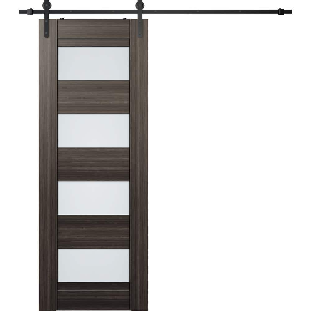 Della Gray Oak Composite Sliding Barn Door with Frosted Glass Panels