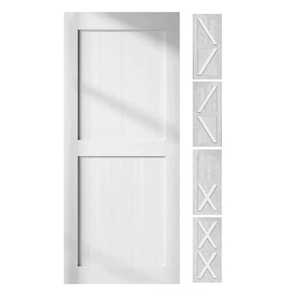HOMACER 44 in. x 80 in. 5 in. 1 Design White Solid Natural Pine Wood Panel Interior Sliding Barn Door Slab Frame
