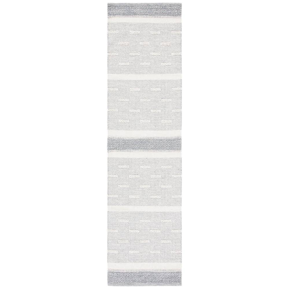 Ivory and Grey Striped Wool Cotton Runner Rug