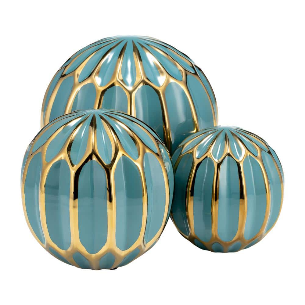 Set of 3 Turquoise and Gold Ceramic Decorative Orbs