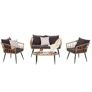 Modern 4-Piece Natural Yellow Wicker PE Rattan Sofa and Table Outdoor Bistro Set with Dark Gray Cushion