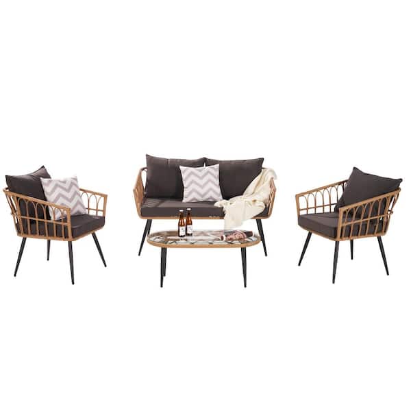 Anvil Modern 4-Piece Natural Yellow Wicker PE Rattan Sofa and Table Outdoor Bistro Set with Dark Gray Cushion