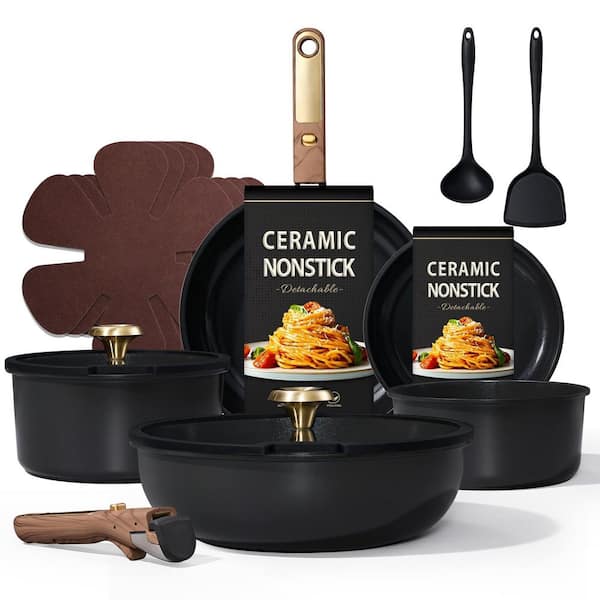 15-Piece Aluminum Nonstick Cookware Set in Black, Kitchen Cooking Set with Detachable Handle, Non Toxic Induction
