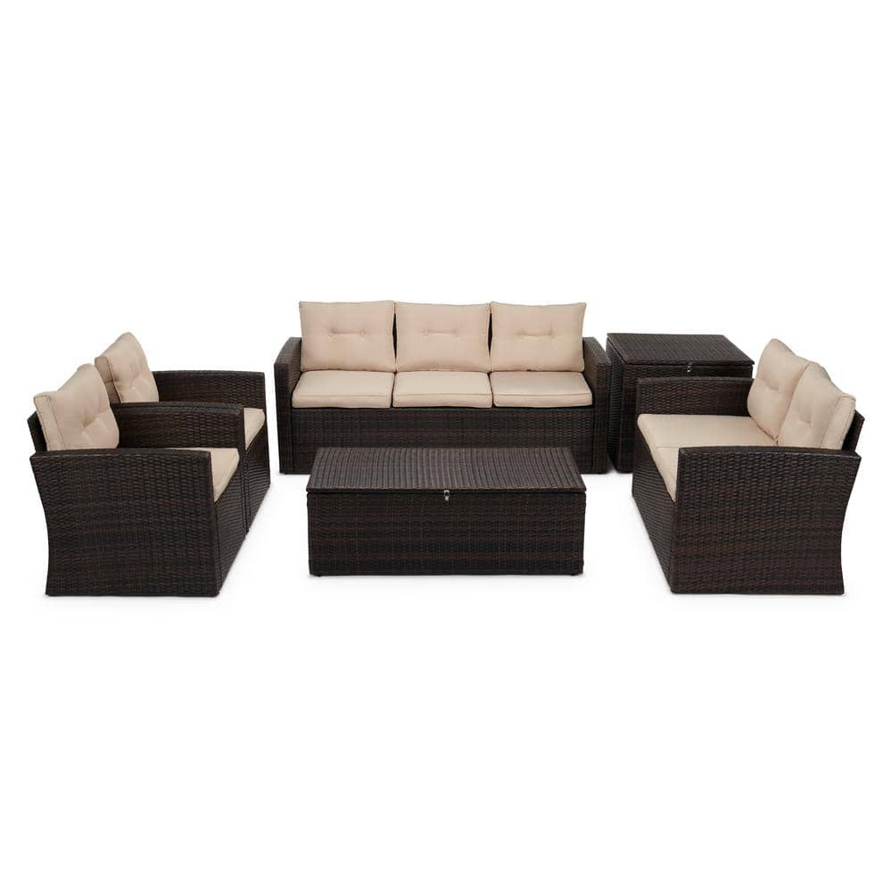 6-Piece Brown Wicker Outdoor Patio Conversation Furniture Set with Beige Cu