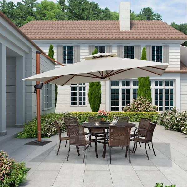PURPLE LEAF 11 ft. Square High-Quality Wood Pattern Aluminum Cantilever Polyester Patio Umbrella with Base Plate, Cream