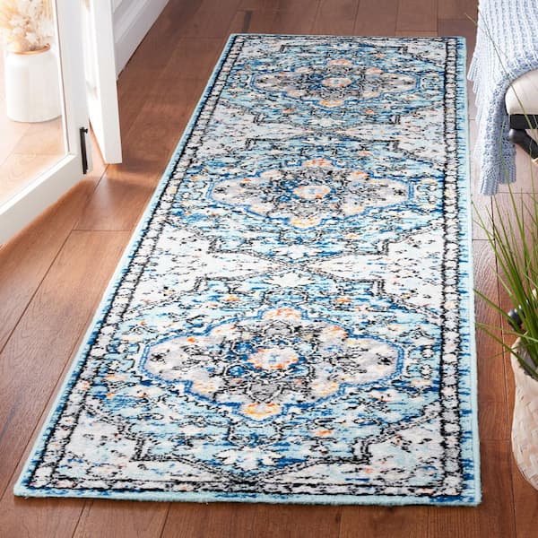 Tulum 2 ft. x 8 ft. Blue Gray/Rust Ornate Border Runner Rug