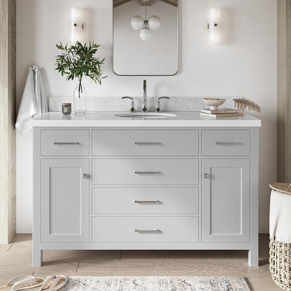 ARIEL Bristol 55 in. W x 22 in. D x 36 in. H Freestanding Bath Vanity in Grey with White Marble Top