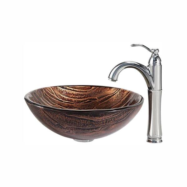 KRAUS Gaia Glass Vessel Sink in Brown with Riviera Faucet in Chrome