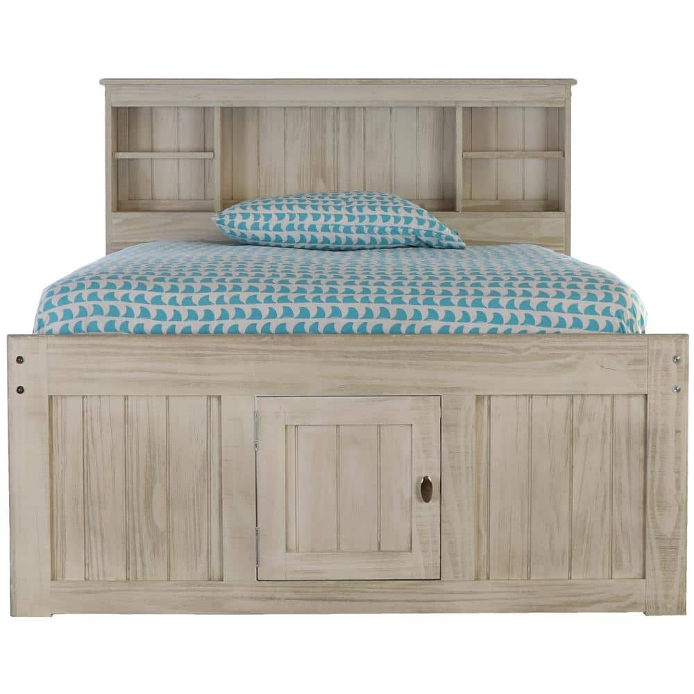 Light Ash Full Size Solid Pine Captain's Bed with Bookcase and Storage Drawers