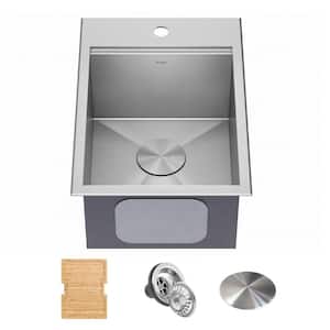 Kore 16 Gauge Marine Grade Stainless Steel 15" Single Bowl Drop-In Outdoor Kitchen Bar Sink with Accessories